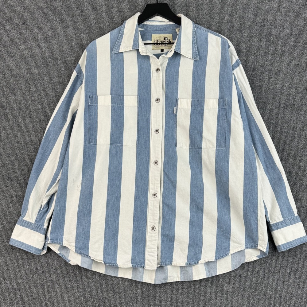 Vintage Levi's SilverTab Button Up Shirt Mens L Blue Stripe Shacket Heavy Y2K